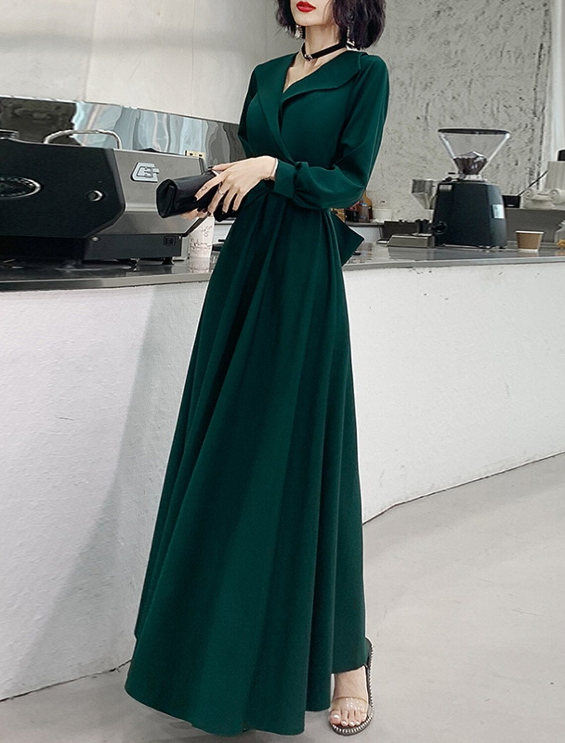 A-Line Evening Gown Minimalist Dress Prom Formal Evening Floor Length Long Sleeve V Neck  Fabric with Sash / Ribbon